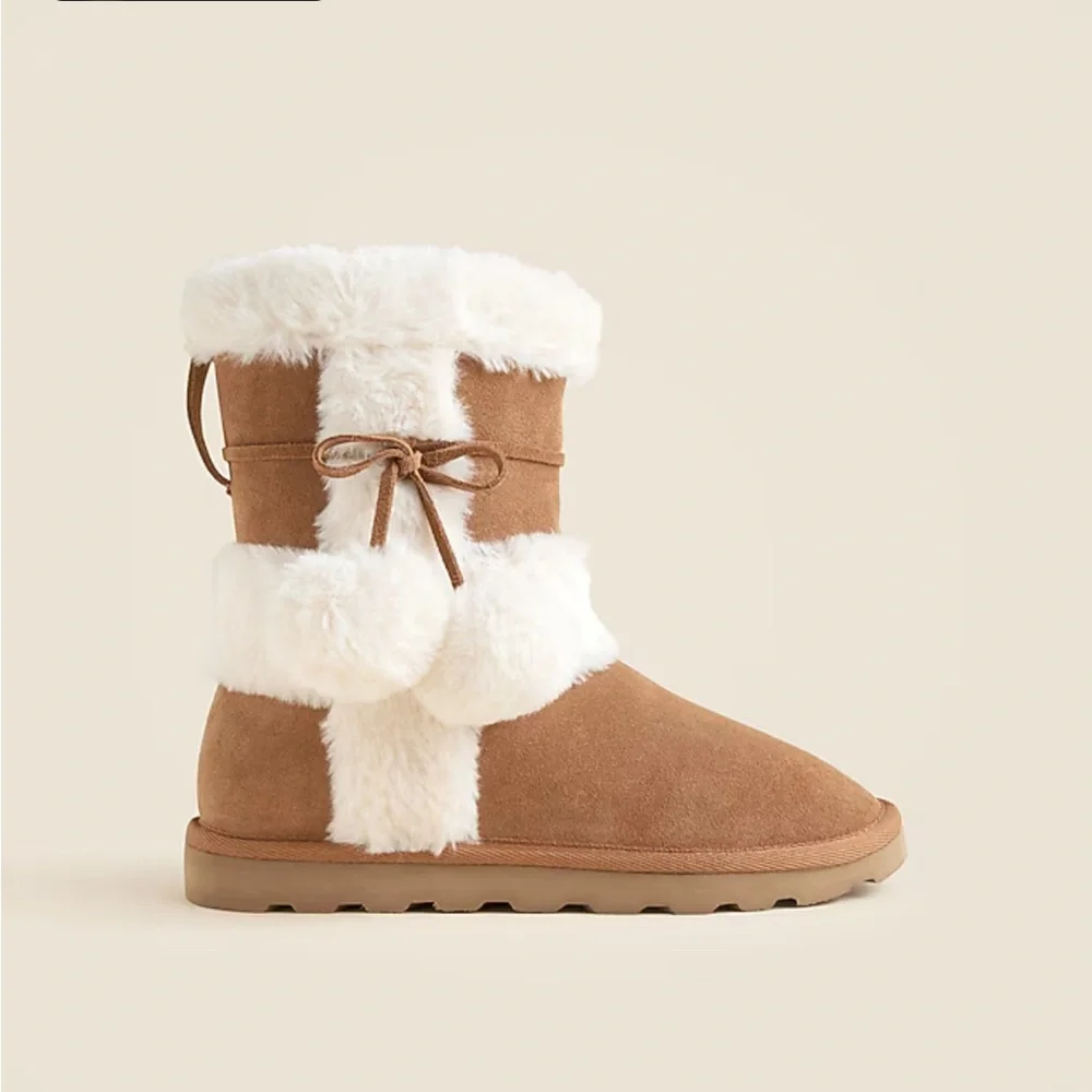 J. Crew NIB Faux-Fur Lined Cozy Brown‎ Booties in Suede with Pom-Pom